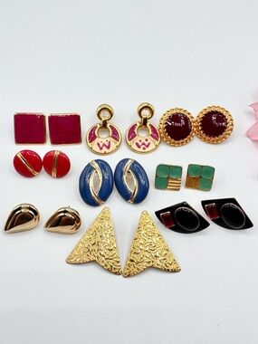 9 Pair Vintage 90s Earring Lot Multicolor Pierced Kitschy Preppy Mixed Styles